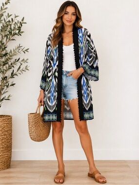 New Chicos bordered tassel Ikat print kimono chicos sz 4 XXL